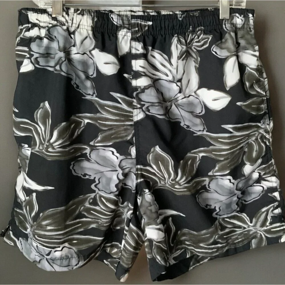 Pacific Scene Hawaiian Floral Swim Trunks Black Lined Elastic Waist Pockets L
